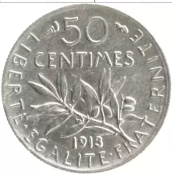 Монета 50 сантим Франции 1913 года Серебро