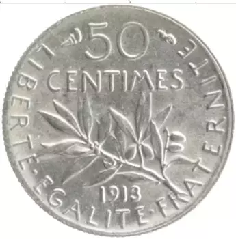 Монета 50 сантим Франции 1913 года Серебро