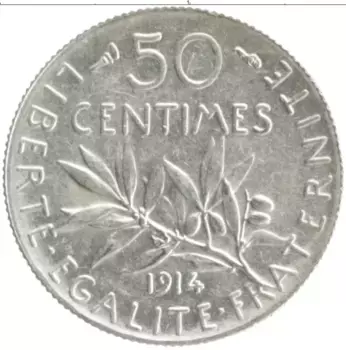 Монета 50 сантим Франции 1914 года Серебро