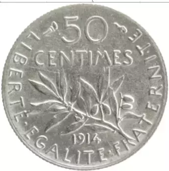 Монета 50 сантим Франции 1914 года Серебро