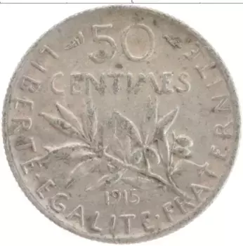 Монета 50 сантим Франции 1915 года Серебро