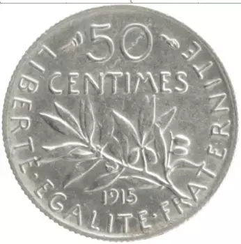 Монета 50 сантим Франции 1915 года Серебро