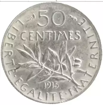 Монета 50 сантим Франции 1915 года Серебро