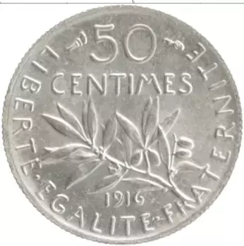Монета 50 сантим Франции 1916 года Серебро