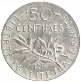 Монета 50 сантим Франции 1916 года Серебро