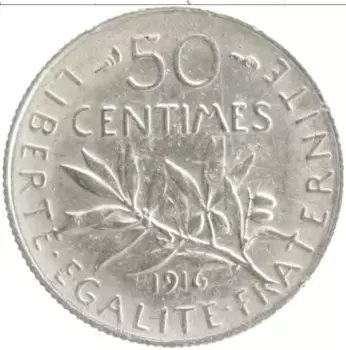 Монета 50 сантим Франции 1916 года Серебро