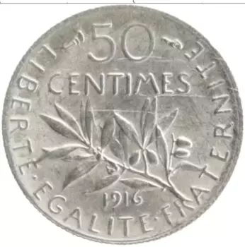 Монета 50 сантим Франции 1916 года Серебро