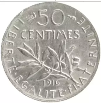 Монета 50 сантим Франции 1916 года Серебро