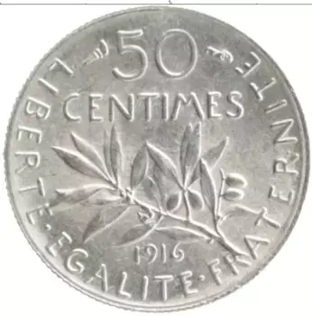 Монета 50 сантим Франции 1916 года Серебро
