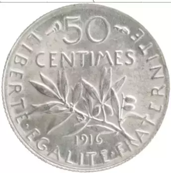 Монета 50 сантим Франции 1916 года Серебро