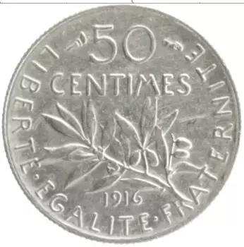 Монета 50 сантим Франции 1916 года Серебро