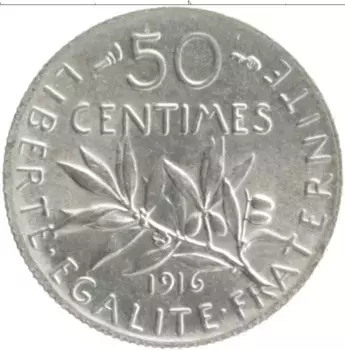 Монета 50 сантим Франции 1916 года Серебро