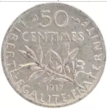 Монета 50 сантим Франции 1917 года Серебро