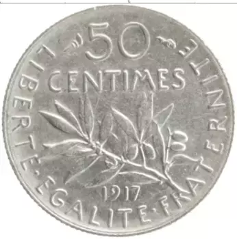 Монета 50 сантим Франции 1917 года Серебро
