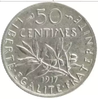 Монета 50 сантим Франции 1917 года Серебро