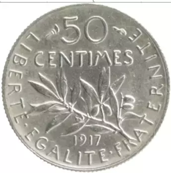 Монета 50 сантим Франции 1917 года Серебро