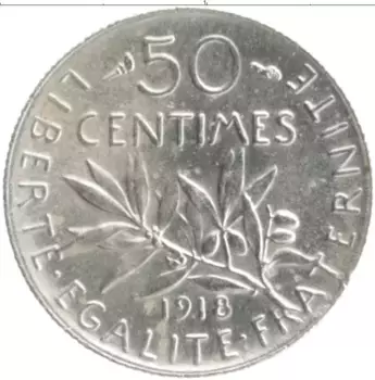 Монета 50 сантим Франции 1918 года Серебро