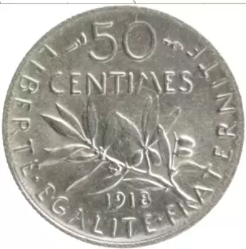 Монета 50 сантим Франции 1918 года Серебро