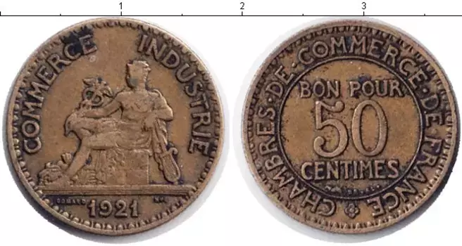 Монета 50 сантим Франции 1921 года Латунь /