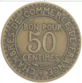 Монета 50 сантим Франции 1922 года Бронза