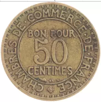 Монета 50 сантим Франции 1927 года Бронза