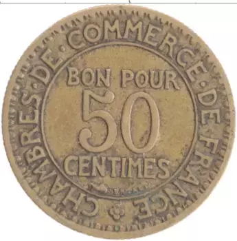 Монета 50 сантим Франции 1928 года Бронза