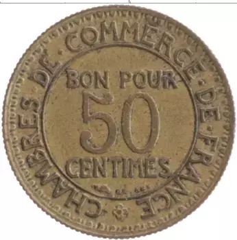 Монета 50 сантим Франции 1928 года Бронза