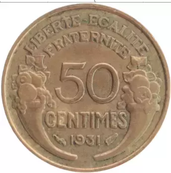 Монета 50 сантим Франции 1931 года Бронза
