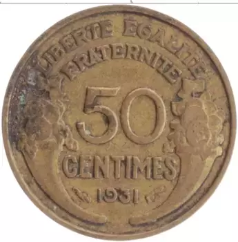 Монета 50 сантим Франции 1931 года Бронза