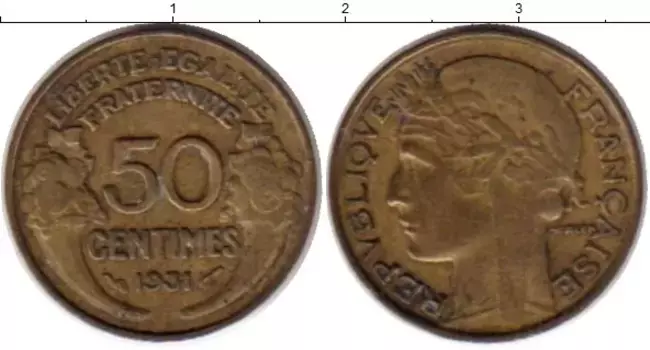 Монета 50 сантим Франции 1931 года Латунь