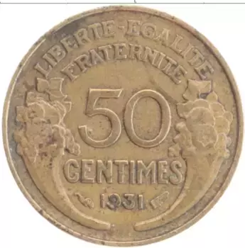 Монета 50 сантим Франции 1931 года Латунь
