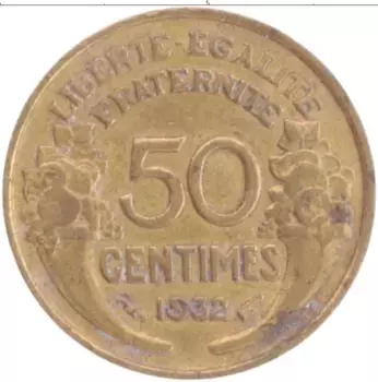Монета 50 сантим Франции 1932 года Бронза
