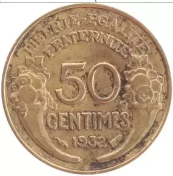 Монета 50 сантим Франции 1932 года Бронза
