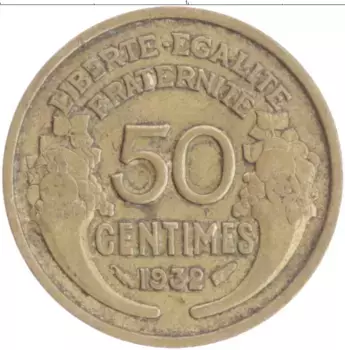 Монета 50 сантим Франции 1932 года Бронза