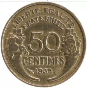 Монета 50 сантим Франции 1932 года Бронза