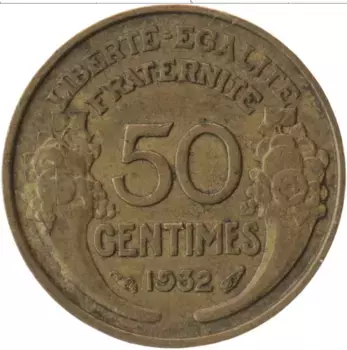 Монета 50 сантим Франции 1932 года Латунь