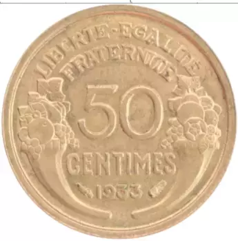 Монета 50 сантим Франции 1933 года Бронза