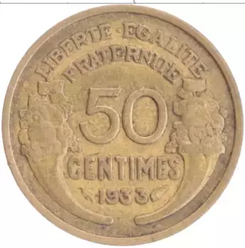 Монета 50 сантим Франции 1933 года Бронза