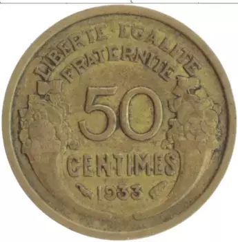Монета 50 сантим Франции 1933 года Бронза