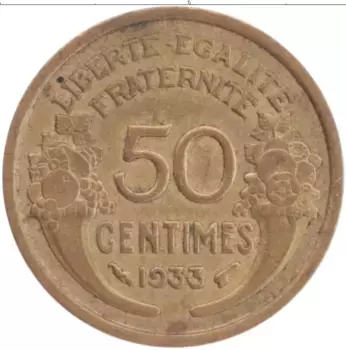 Монета 50 сантим Франции 1933 года Латунь