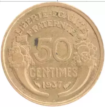 Монета 50 сантим Франции 1937 года Бронза