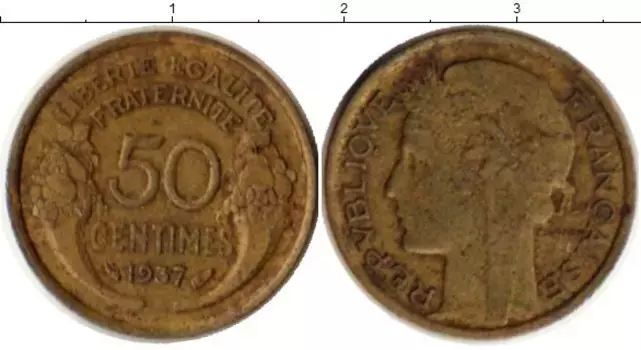 Монета 50 сантим Франции 1937 года Латунь Марианна
