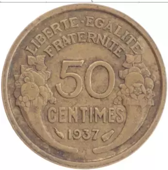 Монета 50 сантим Франции 1937 года Латунь