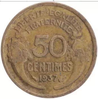 Монета 50 сантим Франции 1937 года Латунь