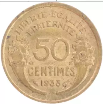 Монета 50 сантим Франции 1938 года Бронза