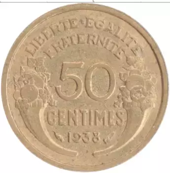 Монета 50 сантим Франции 1938 года Бронза