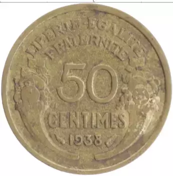 Монета 50 сантим Франции 1938 года Бронза