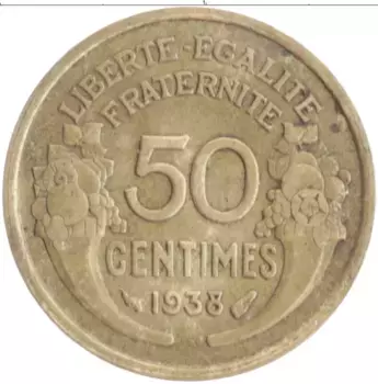 Монета 50 сантим Франции 1938 года Бронза