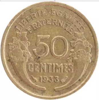 Монета 50 сантим Франции 1938 года Латунь