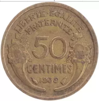 Монета 50 сантим Франции 1939 года Бронза